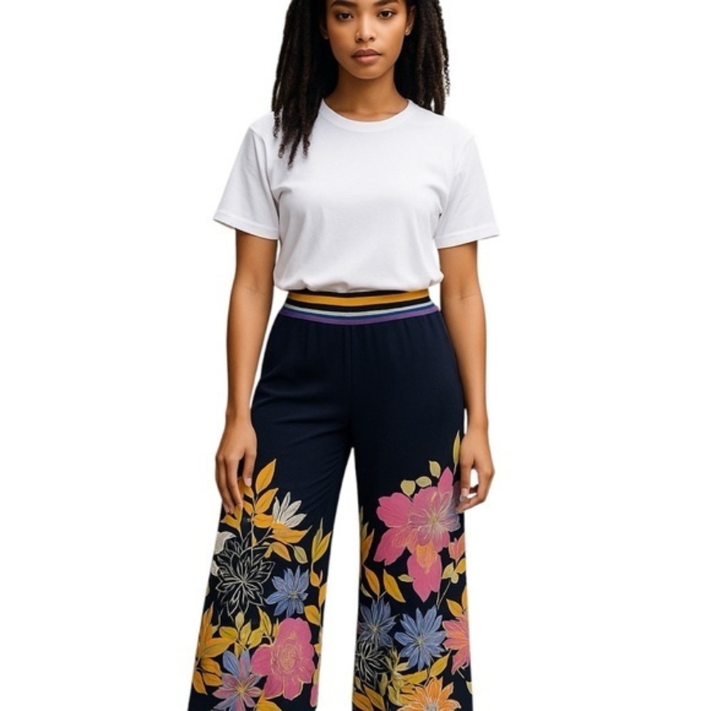 Trina Turk Royal Botanical Rolltop Floral print Wideleg Beach Pants Yoga Coverup